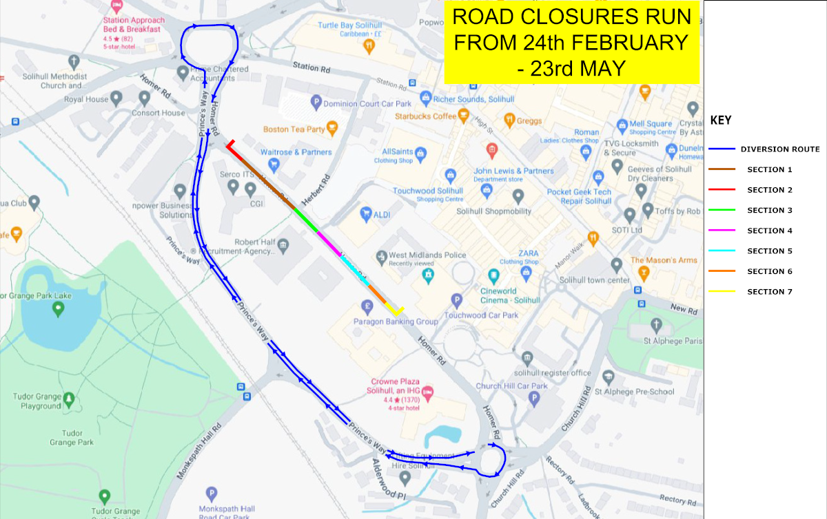 Map of the Homer Road diversion plan showing sections of planned work