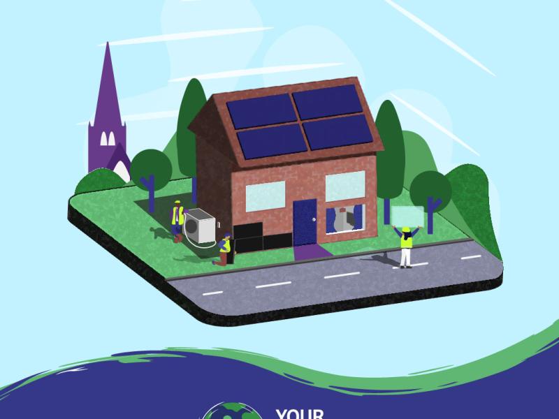 A graphic of a house being retrofitted with the 'Your Future Solihull' logo