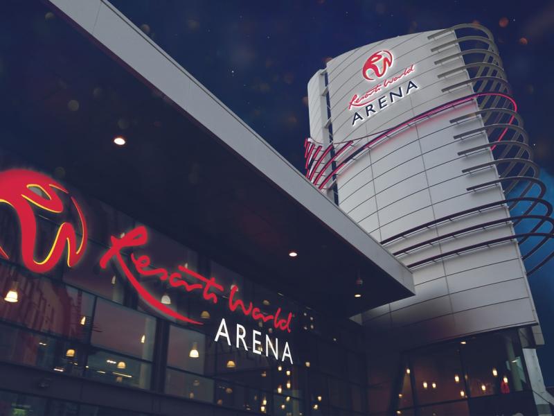 A picture of Resorts World Arena in Solihull, lit up at night