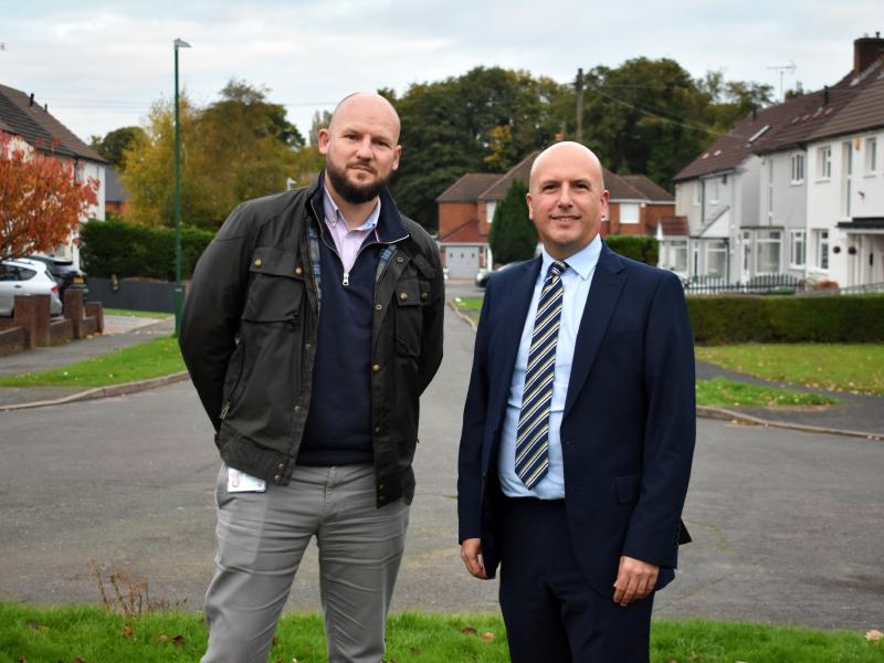 Andy Duke, Head of Asset Management and Development (Interim) at SCH and Solihull Council’s Cabinet Member for Housing, Councillor Mark Parker, on Lyndon Croft in Marston Green, where homes have benefited from external wall insulation