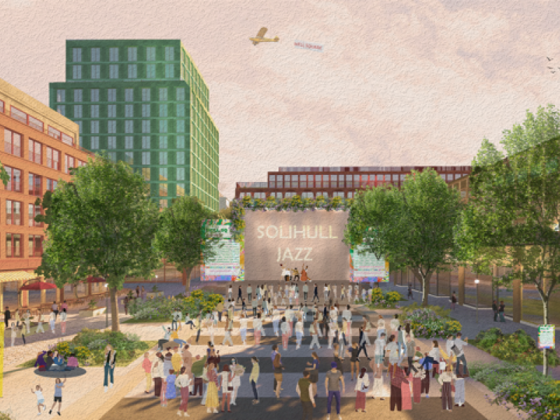 A CGI image of what Mell Square could look like including buildings, trees and people.