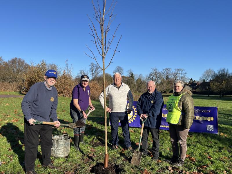 Four members of the St Alphege Rotary Club and Cllr Hawkins planting a celebration tree in Malvern Park