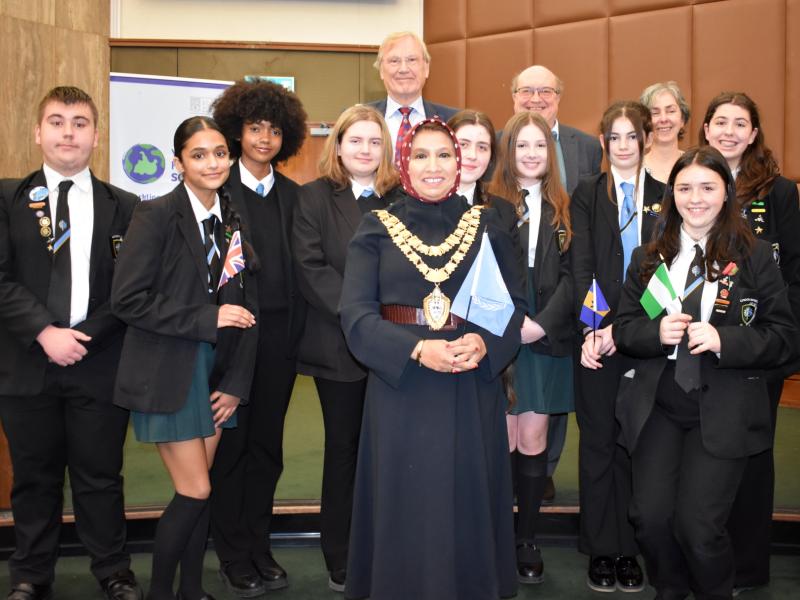 Students from Lyndon School with The Mayor of Solihull Councillor Shahin Ashraf MBE (centre front), and (back row left to right) Leader of Solihull Council Councillor Ian Courts, Cabinet member for climate change and planning Councillor Andy Mackiewicz and InterClimate Network Programme Manager Michila Critchley