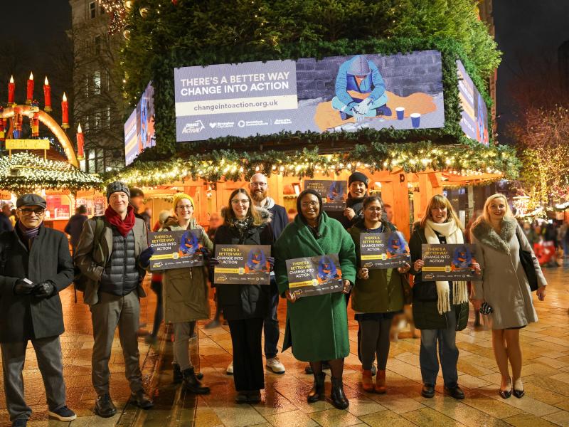 Deputy Mayor Cllr Sharon Thompson with staff and volunteers from local homelessness charities on a walkabout of Birmingham Frankfurt Christmas Market to rally support for the Change into Action campaign.