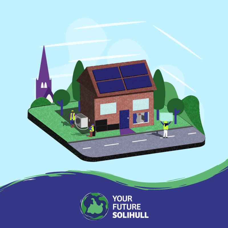 A graphic of a house being retrofitted with the 'Your Future Solihull' logo