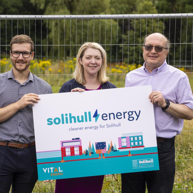 Picture - left to right: Adrien Grubb (Senior Consulting Engineer at SEL) Gemma Dyson (Pre-Construction Director at Vital Energi), Councillor Andy Mackiewicz, Portfolio Holder for Climate Change and Planning, Solihull Council. Image Source, Vital Energi