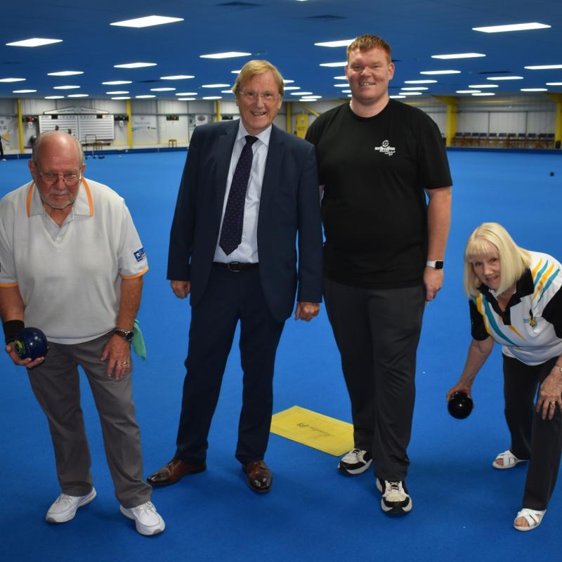 (left to right) Club member George Donaldson, Solihull Council Leader and Cabinet Member for Business and Economy Cllr Ian Courts, Solihull Indoor Bowls Club Managing Director Tom Millership, and club director Margaret Priddey