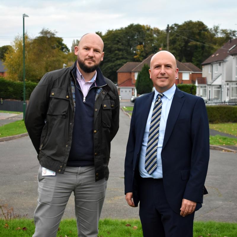 Andy Duke, Head of Asset Management and Development (Interim) at SCH and Solihull Council’s Cabinet Member for Housing, Councillor Mark Parker, on Lyndon Croft in Marston Green, where homes have benefited from external wall insulation