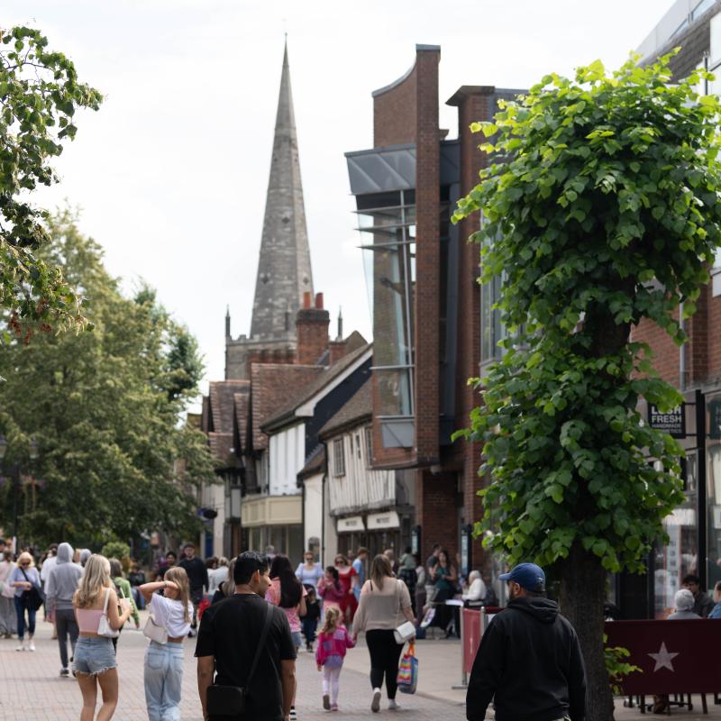 Solihull High Street facing towards St Alphege Church and Touchwood